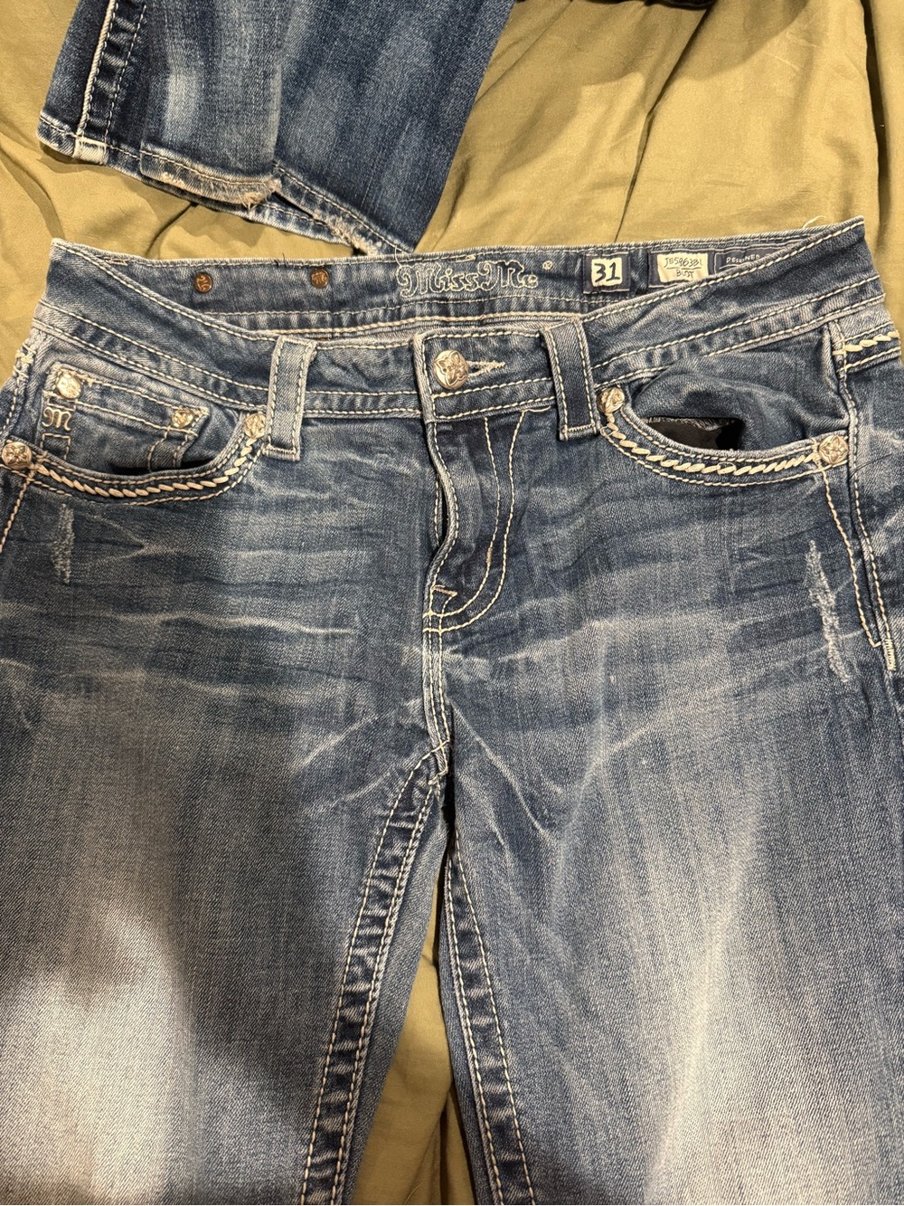 Miss Me Blue Washed Bootcut Jeans with Contrast Stitching